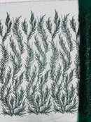Hunter Green Beaded Fabric by the yard, Bridal beaded, Damask Pattern With Beads and Sequin