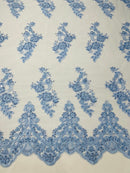 Baby Blue Beaded Fabric - Floral Beads and Sequins Embroidered on a Mesh Sold By Yard