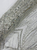 Silver Embroidery Beaded Fabric by Yard