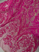 Iridescent Sequins Fabric - Big Damask Sequin Design on 4 Way Stretch Fabric By Yard