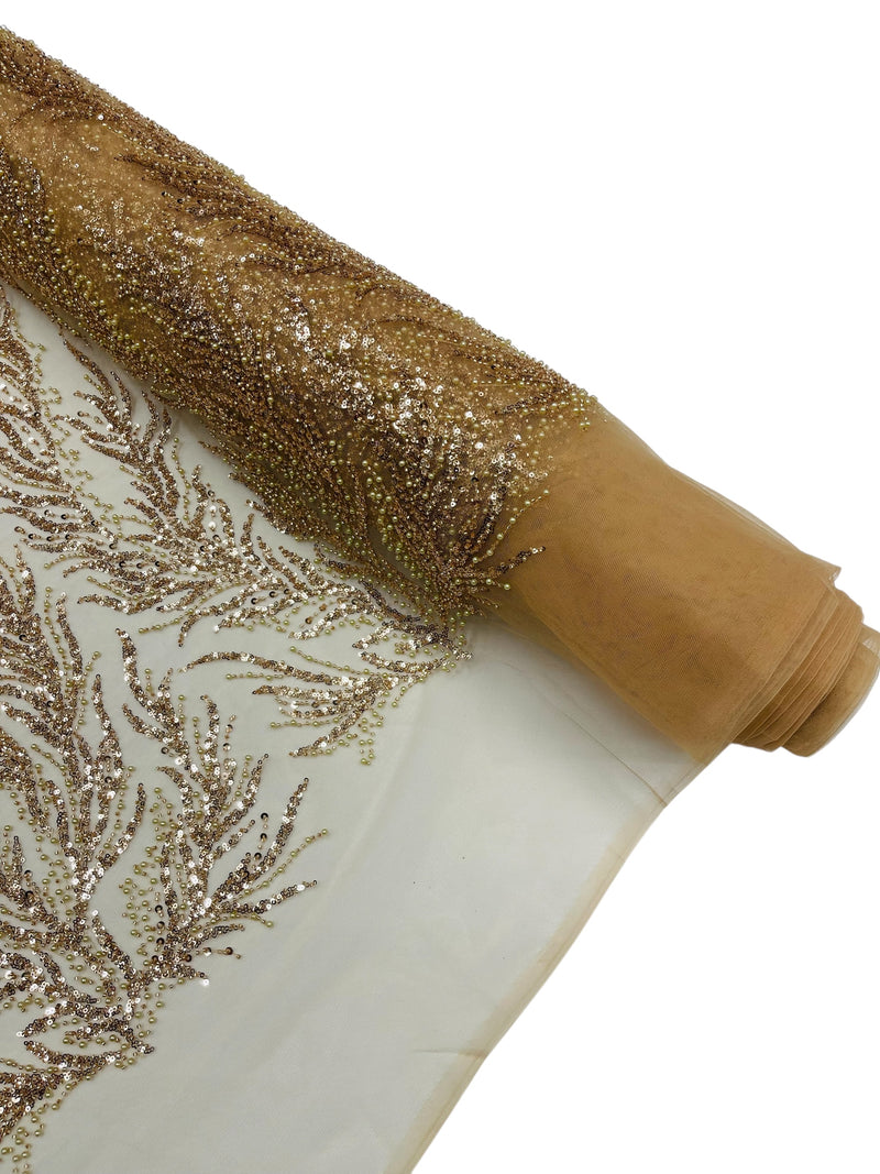 Skin Rose Gold Beaded Fabric by the yard, Bridal beaded, Damask Pattern With Beads and Sequin