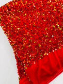 Red Green Iridescent Sequin Fabric: Red Stretch Velvet (58/60" Wide)