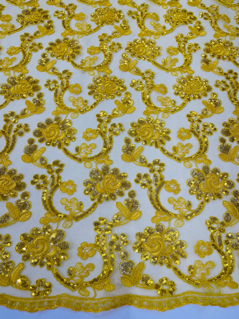 Corded Lace Flower Fabric - Yellow - Floral Design Embroidered Sequins on Mesh Lace Fabric