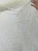 White Embroidery Beaded Fabric by Yard, Sequin on a Mesh with Floral Lace
