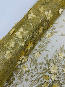 Flower 3D Glitter Fabric - Gold - Embroidered Floral Sequin Fabric by Yard