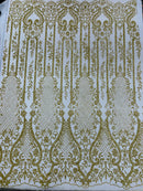 Gold Damask Design Glitter Fabric - Gold - Tulle Glitter Mesh Line Design Fabric Sold By Yard