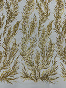 Gold Beaded Fabric by the yard, Bridal beaded, Damask Pattern With Beads and Sequin
