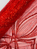 Red Embroidery Beaded Fabric By The Yard