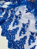 Royal Blue Beaded Fabric - Floral Beads and Sequins Embroidered on a Mesh Sold By Yard