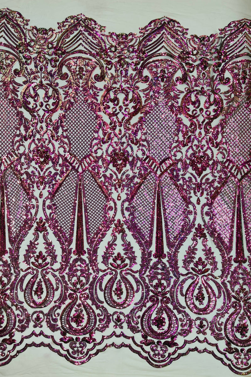 Iridescent Sequins Fabric - Damask Sequin Design on 4 Way Stretch Fabric By Yard