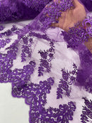 Purple Beaded Fabric, Floral Beads and Sequins Embroidered on a Mesh Sold By Yard