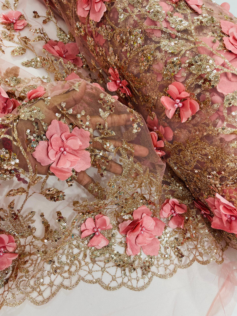 Big 3D Glitter Floral Fabric - Rose Gold - Glitter Sequin Flower Design on Lace Mesh Fabric by Yard