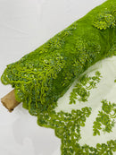 Olive Beaded Fabric - Floral Beads and Sequins Embroidered on a Mesh Sold By Yard