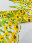 Yellow Sunflower Lace 3D Fabric - White Mesh Sunflower Lace Design Sold By Yard
