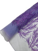 Lilac Beaded Fabric by the yard, Bridal beaded, Damask Pattern With Beads and Sequin