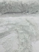 White Beaded Fabric - Floral Beads and Sequins Embroidered on a Mesh Sold By Yard