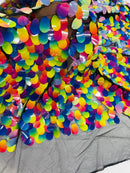 Oval Jumbo Paillette Sequins - Multi Color Iridescent on Black - Big Oval Paillette Sequins Design Fabric By Yard