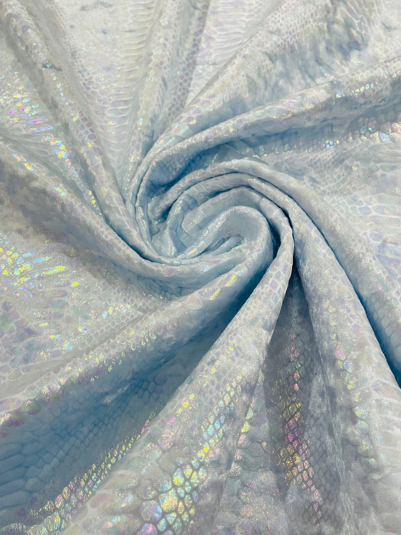 Baby Blue Iridescent Illusion Anaconda Foil Printed On Stretch Velvet - Sold By The Yard