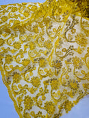 Corded Lace Flower Fabric - Yellow - Floral Design Embroidered Sequins on Mesh Lace Fabric