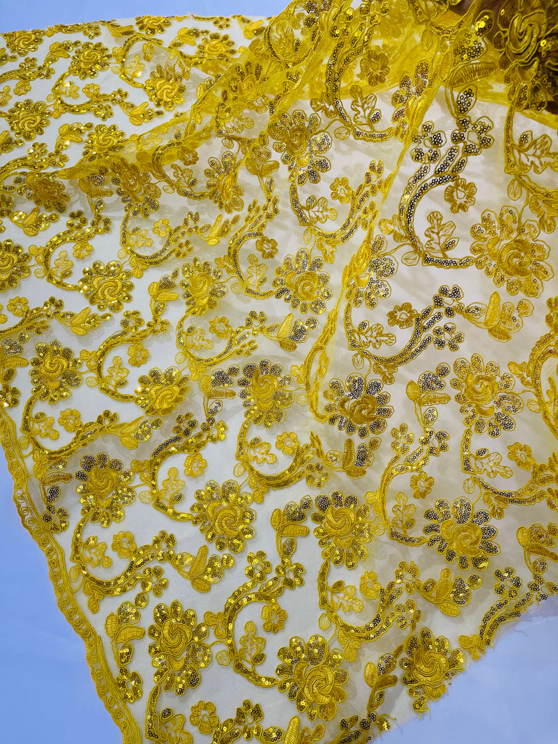 Corded Lace Flower Fabric - Yellow - Floral Design Embroidered Sequins on Mesh Lace Fabric