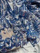 Blue Sequin Fabric by The Yard, 4 Way Stretch Big Damask on Spandex Mesh