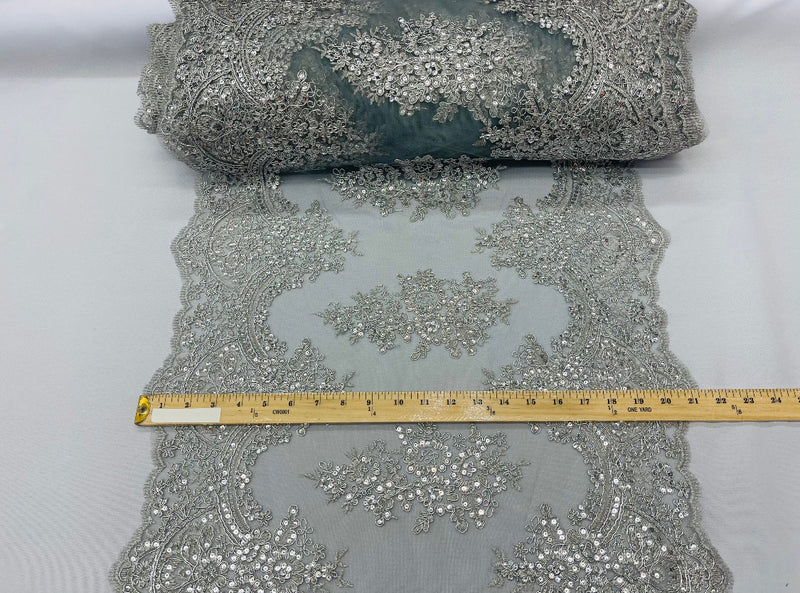 21” Flowers Design Metallic Lace Table Runner - Silver - Fancy Table Runner for Event Decoration (Pick Color)