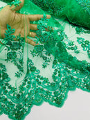 Beaded Fabric Sold By The Yard, Floral Beads and Sequins Embroidered on a Mesh