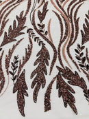 Brown Beaded Embroidered Fabric - Embroidered Heart and Feather Pattern Fabric Sold By Yard