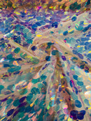 Pink Mesh/Clear Iridescent Jumbo Oval Sequins Fabric - Clear  Iridescent Oval Shape Teardrop Sequins Fabric By Yard