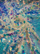White Mesh/Clear Iridescent Jumbo Oval Sequins Fabric - Clear  Iridescent Oval Shape Teardrop Sequins Fabric By Yard
