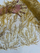 Gold Beaded Fabric by the yard, Bridal beaded, Damask Pattern With Beads and Sequin