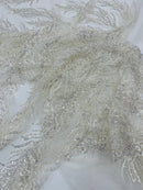 Off White Beaded Fabric by the yard, Bridal beaded, Damask Pattern With Beads and Sequin