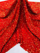 Red Green Iridescent Sequin Fabric: Red Stretch Velvet (58/60" Wide)