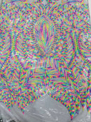 Multi Color Royalty Design Sequins Fabric on White Mesh 4 Way Stretch Sequins Fabric By Yard