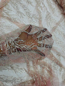 Clear Beaded Fabric Pink Mesh by the yard, Bridal beaded Damask With Beads and Sequin
