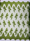 Olive Beaded Fabric - Floral Beads and Sequins Embroidered on a Mesh Sold By Yard