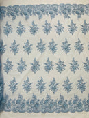 3D Floral Valentina Lace Fabric - Baby Blue - Sequins and Beads on Flower Design Fabric By Yard