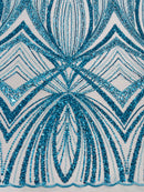 Turquoise Embroidery Beaded Fabric By The Yard