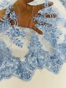 Baby Blue Beaded Fabric - Floral Beads and Sequins Embroidered on a Mesh Sold By Yard