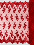 Red Beaded Fabric - Floral Beads and Sequins Embroidered on a Mesh Sold By Yard
