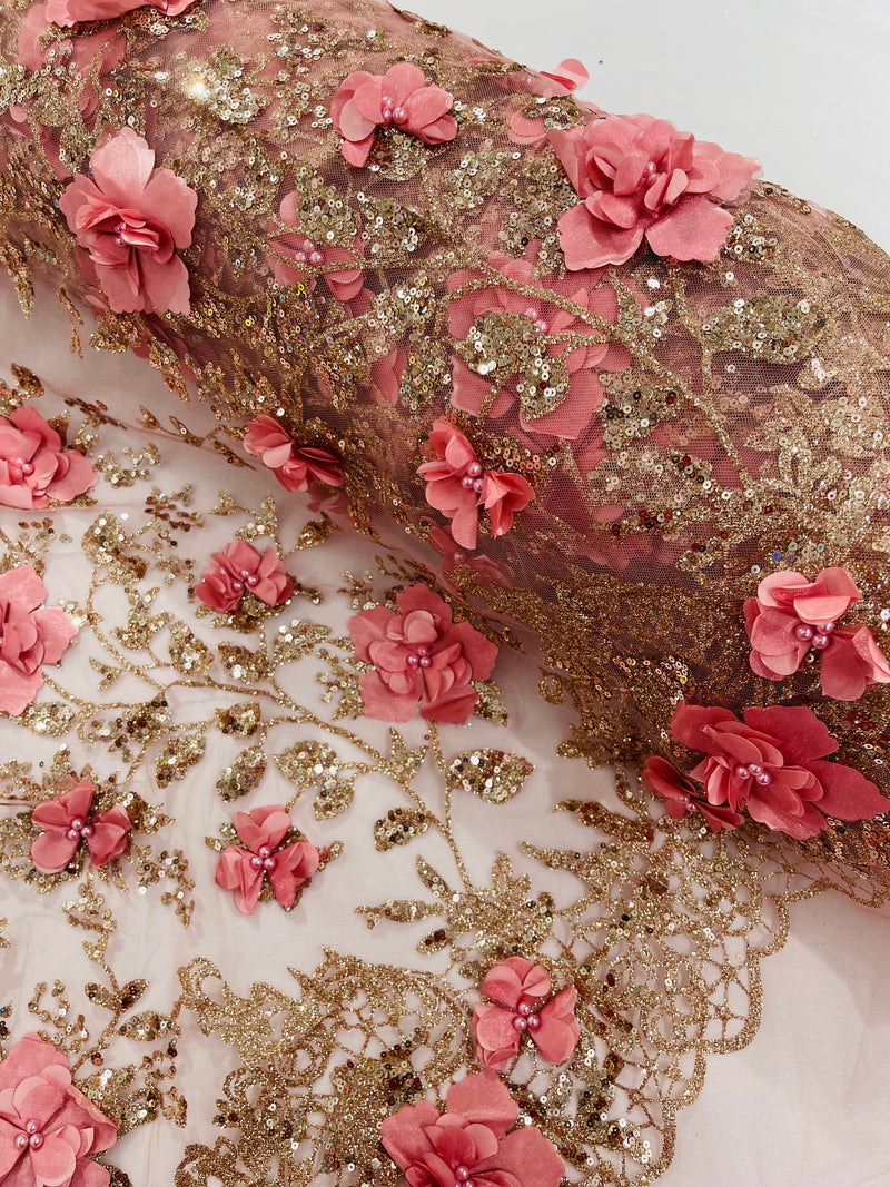 Big Flower 3D Glitter Fabric - Rose Gold - Embroidered Floral Sequins Design Fabric by Yard