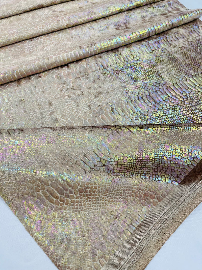 Gold Iridescent Illusion Anaconda Foil Printed On Stretch Velvet - Sold By The Yard