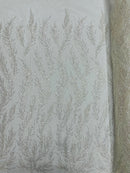 Off White Beaded Fabric by the yard, Bridal beaded, Damask Pattern With Beads and Sequin
