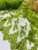 Olive Beaded Fabric - Floral Beads and Sequins Embroidered on a Mesh Sold By Yard