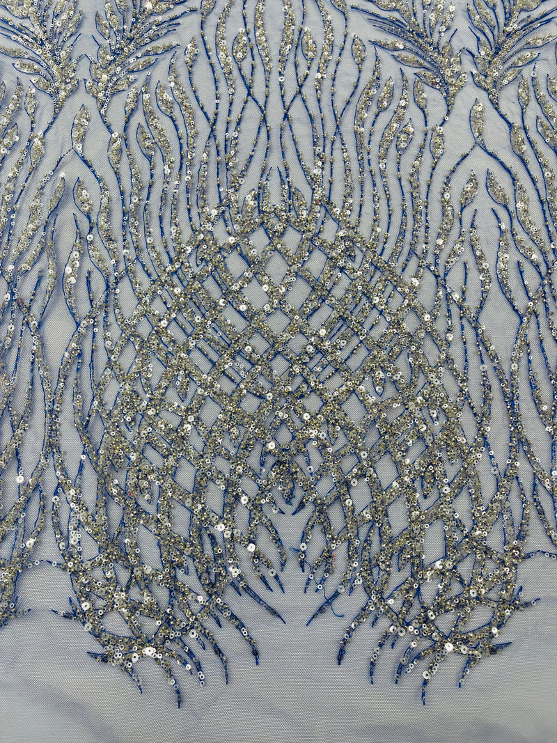 Beaded Embroidered Fabric -Royal Blue - Embroidered Heart and Feather Pattern Fabric By Yard