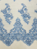 Baby Blue Beaded Fabric - Floral Beads and Sequins Embroidered on a Mesh Sold By Yard