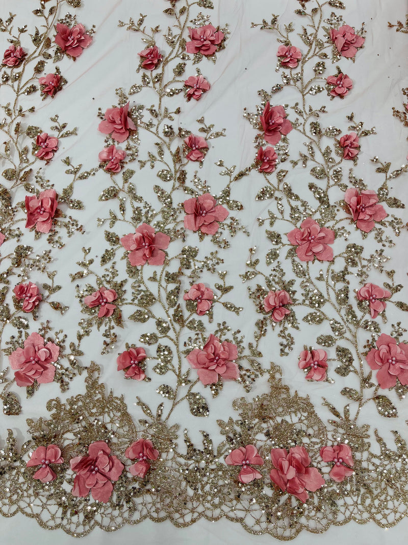 Big 3D Glitter Floral Fabric - Rose Gold - Glitter Sequin Flower Design on Lace Mesh Fabric by Yard