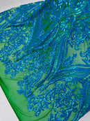 Iridescent Sequins Fabric - Big Damask Sequin Design on 4 Way Stretch Fabric By Yard