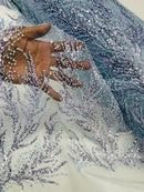 Baby Blue Beaded Fabric by the yard, Bridal beaded, Damask Pattern With Beads and Sequin