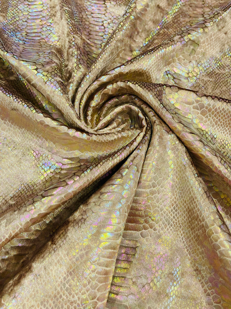 Gold Iridescent Illusion Anaconda Foil Printed On Stretch Velvet - Sold By The Yard